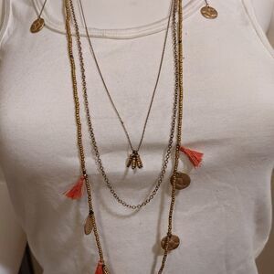 Vintage 3 layer goldtone necklace, chain, pendants, tassels